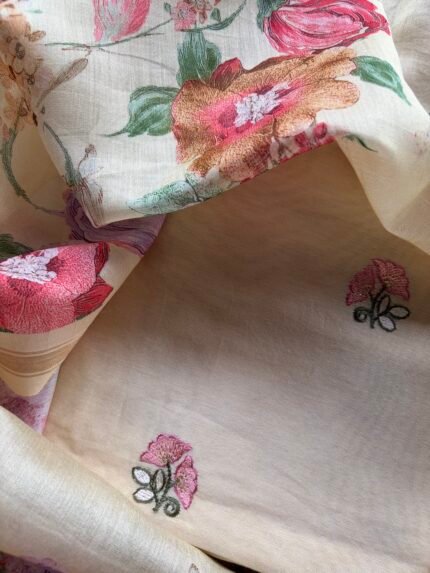 CHANDERI EMBROIDED TOP AND PRINTED DUPATTA WITH BOTTOM