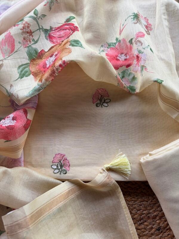 CHANDERI EMBROIDED TOP AND PRINTED DUPATTA WITH BOTTOM - Image 8