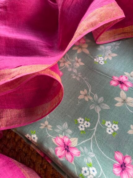 PRINTED SILK COTTON TOP AND LINEN DUPATTA