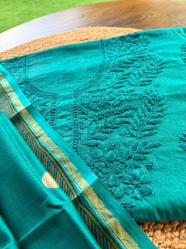 MUL CHANDERI CHIKANKARI COTTON TOP AND CHANDERI HANDBLOCK PRINTED DUPATTA - Image 6