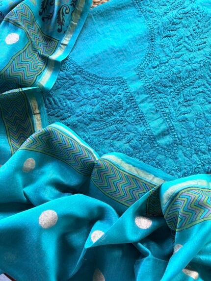 MUL CHANDERI CHIKANKARI COTTON TOP AND CHANDERI HANDBLOCK PRINTED DUPATTA