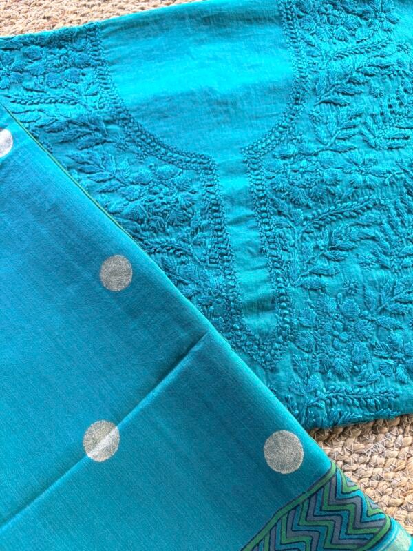 MUL CHANDERI CHIKANKARI COTTON TOP AND CHANDERI HANDBLOCK PRINTED DUPATTA - Image 5