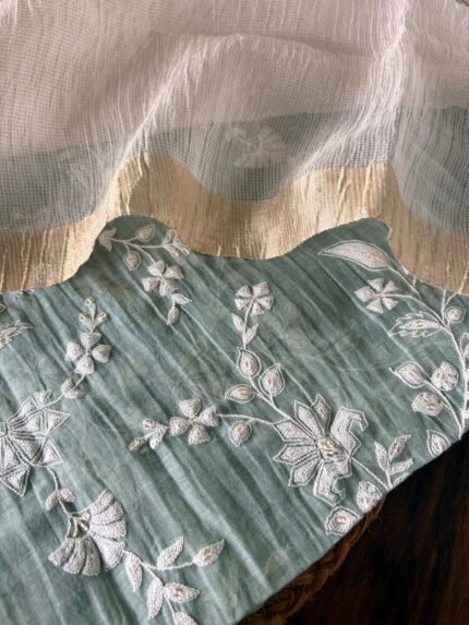 EMBROIDERED MUL CHANDERI TOP AND SILVER TISSUE DUPATTA