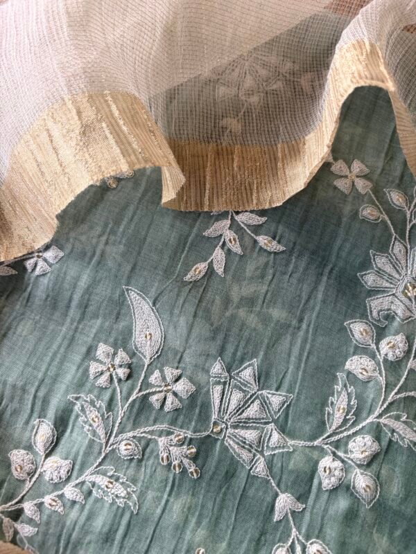 EMBROIDERED MUL CHANDERI TOP AND SILVER TISSUE DUPATTA - Image 2