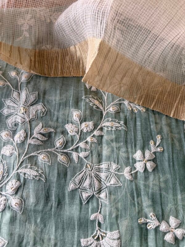 EMBROIDERED MUL CHANDERI TOP AND SILVER TISSUE DUPATTA - Image 4