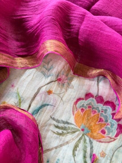 MUL CHANDERI PRINTED TOP AND LINEN DUPATTA