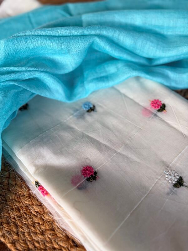 MUL CHANDERI EMBROIDERY TOP AND LINEN DUPATTA - Image 4