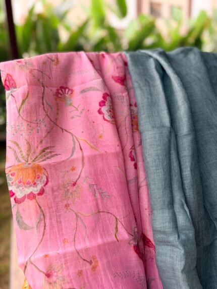 MUL CHANDERI PRINTED TOP AND LINEN DUPATTA