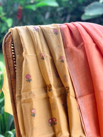 PURE MUL CHANDERI EMBROIDERY TOP AND LINEN DUPATTA